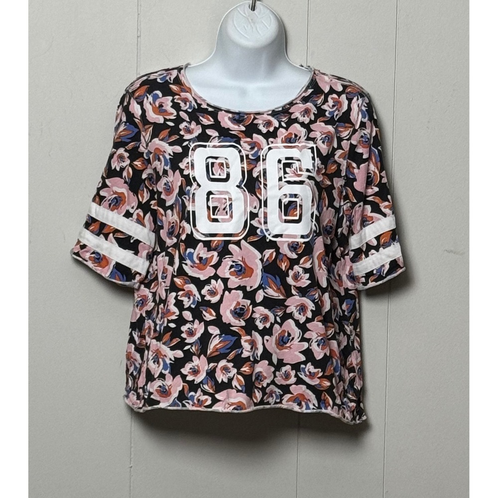 Maeve Anthropologie Floral 86 Varsity Stripe Graphic Top Pink Black Size 12
